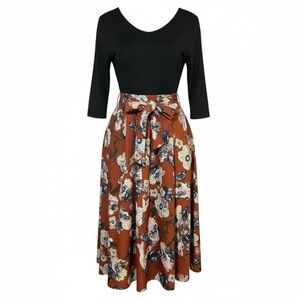 Topbi Rust & Black Colorblock Flare Midi Dress – Belted, Size 4